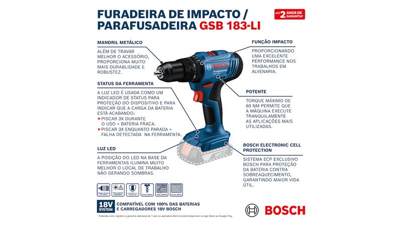 Furadeira e parafusadeira impacto GSB 183-LI com 1 Bateria e Maleta
