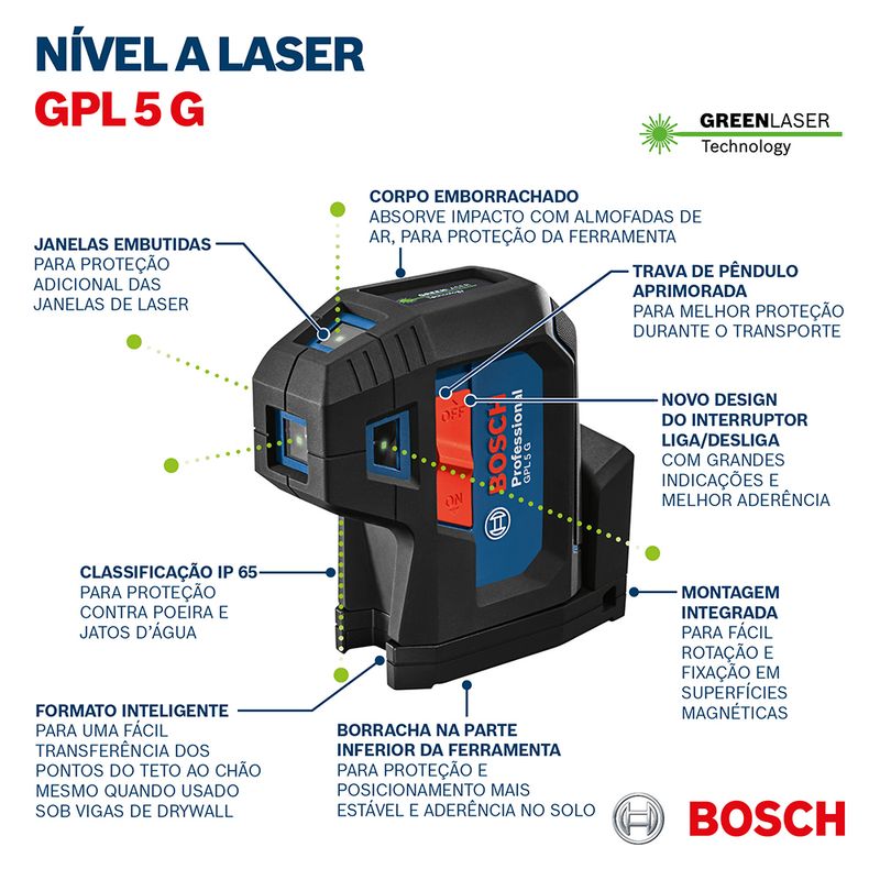 NIvel-a-Laser-Verde-GPL-5-G-5-Pontos-de-ProjeCAo-Bosch-S8098